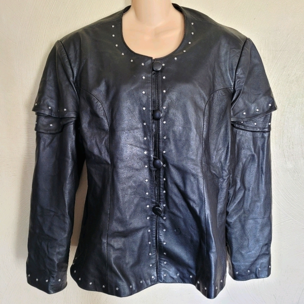 Donna Lepure' New York Black Leather Rhinestone Studded Jacket Size Women's 3X
